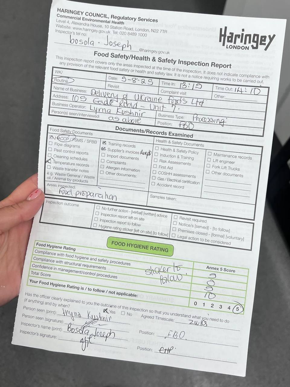 5-Star Food Hygiene Rating Certificate